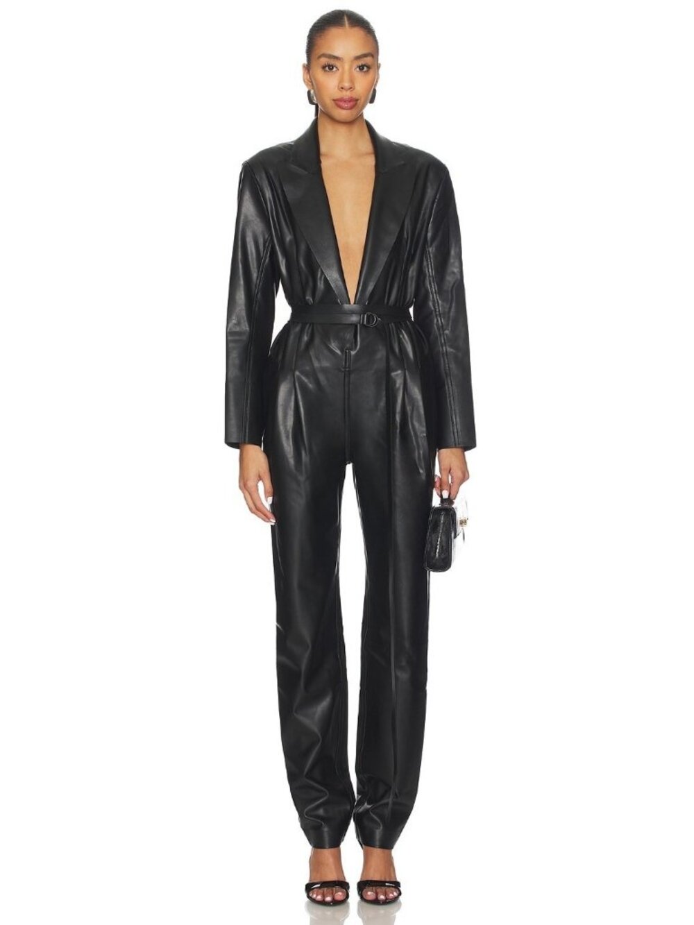 Norma Kamali Women’s Small Faux Leather Belted Tapered Leg Jumpsuit Black NWT